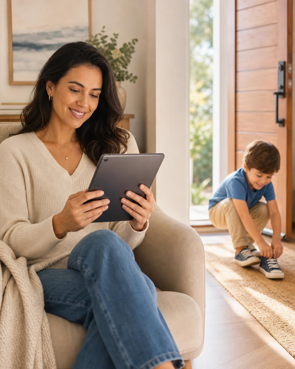 Mãe lendo o Guia da Autonomia no tablet enquanto o filho calça o sapato
