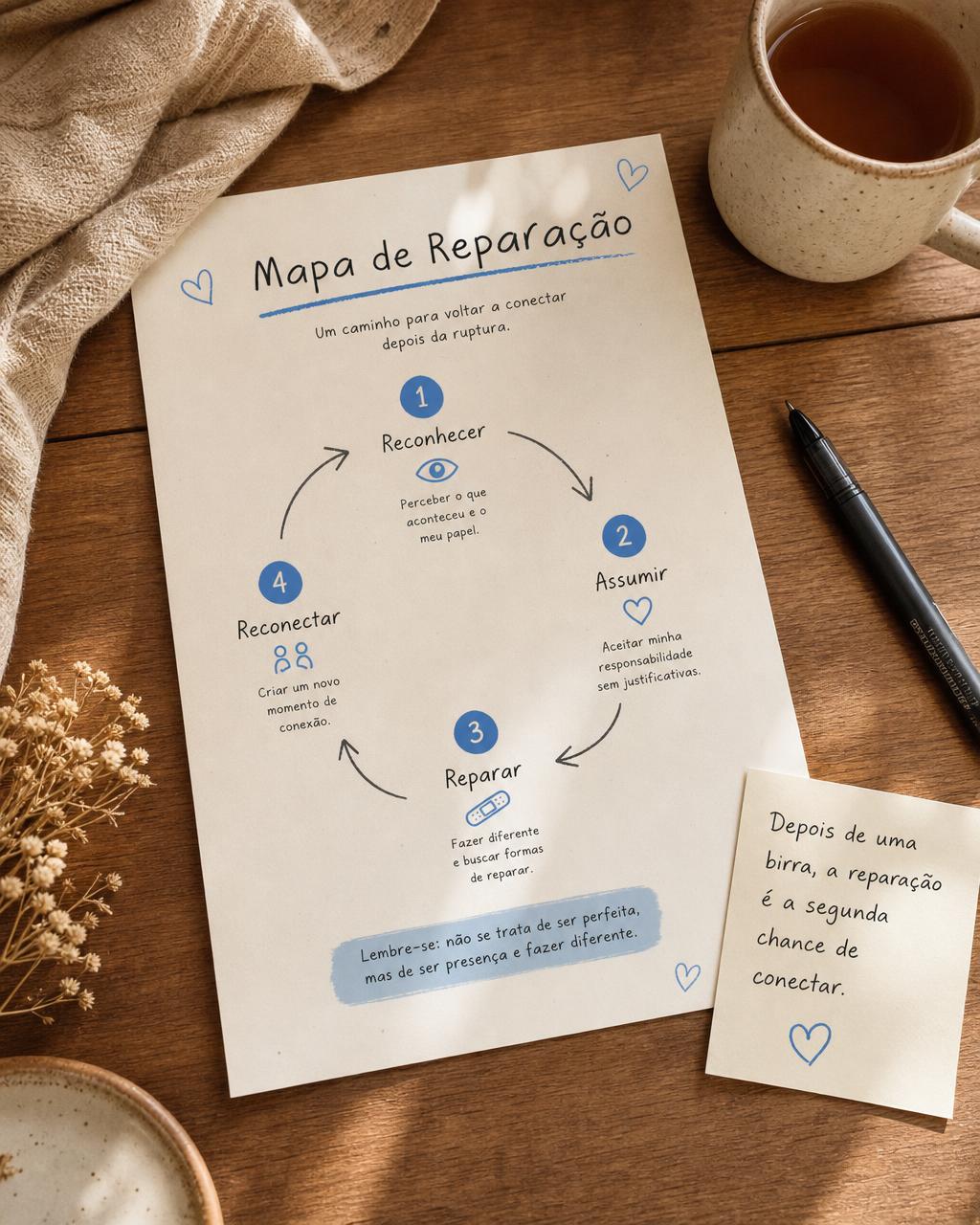 Mapa de Reparação impresso sobre uma mesa com uma xícara de chá