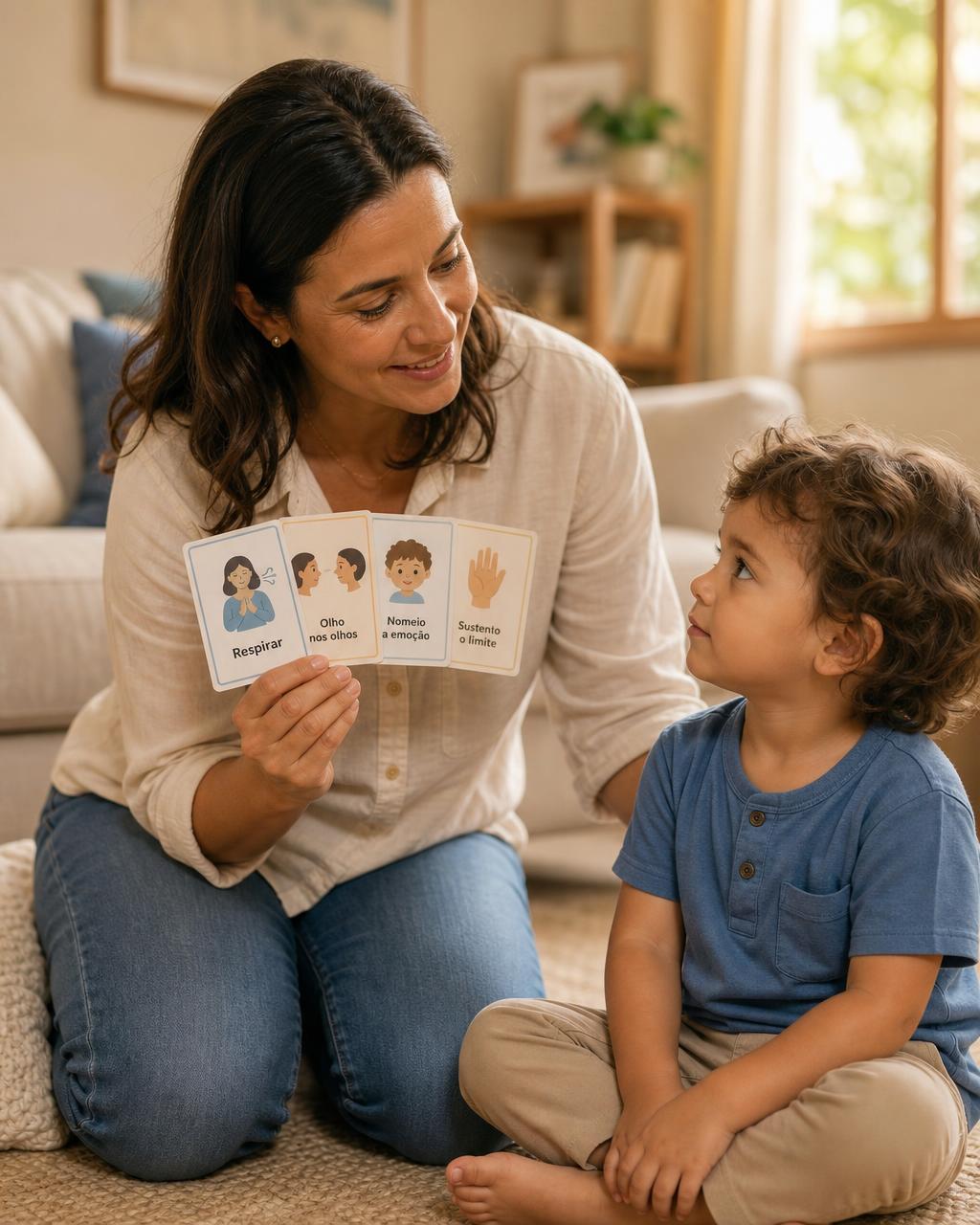 Mãe segurando cartões do Kit SOS Birras e Limites ao lado do filho
